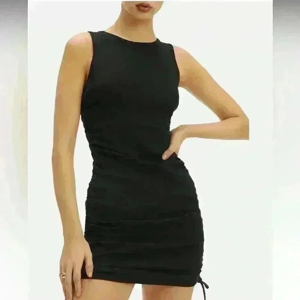 Nwt - Good American Womens Ruched Knee Midi Dress Sz 3 - Black